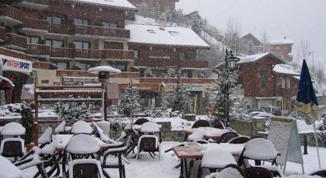 The terrace in the snow at Champagny-en-Vanoise, France; Copyright: Tourist Office in Champagny-en-Vanoise